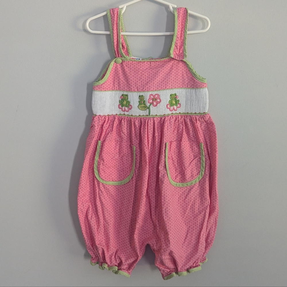 Girls Cukes Frog Polka Dot Jumpsuit 4T Pink Green Smocked
